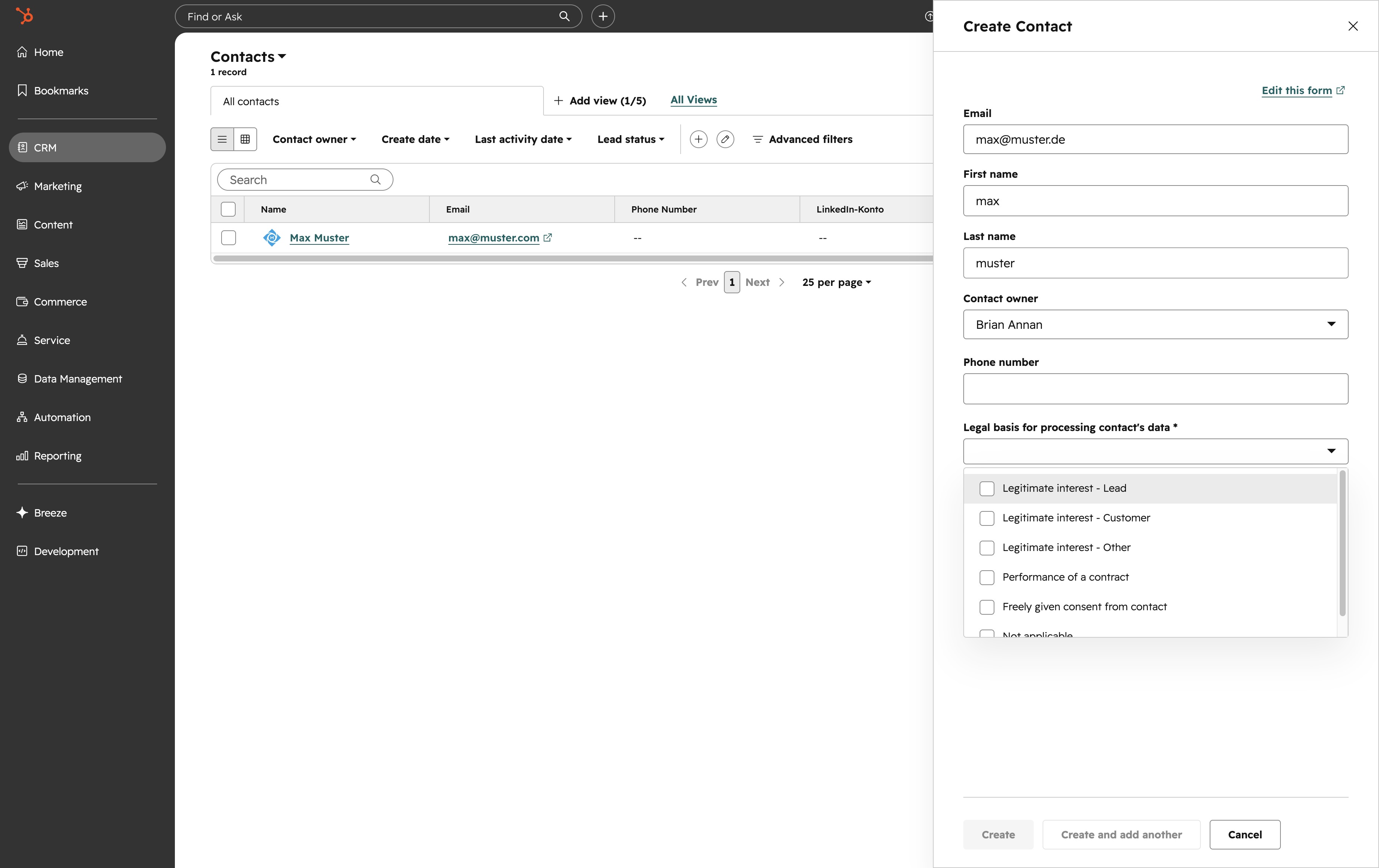 Click here to proceed with contact creation