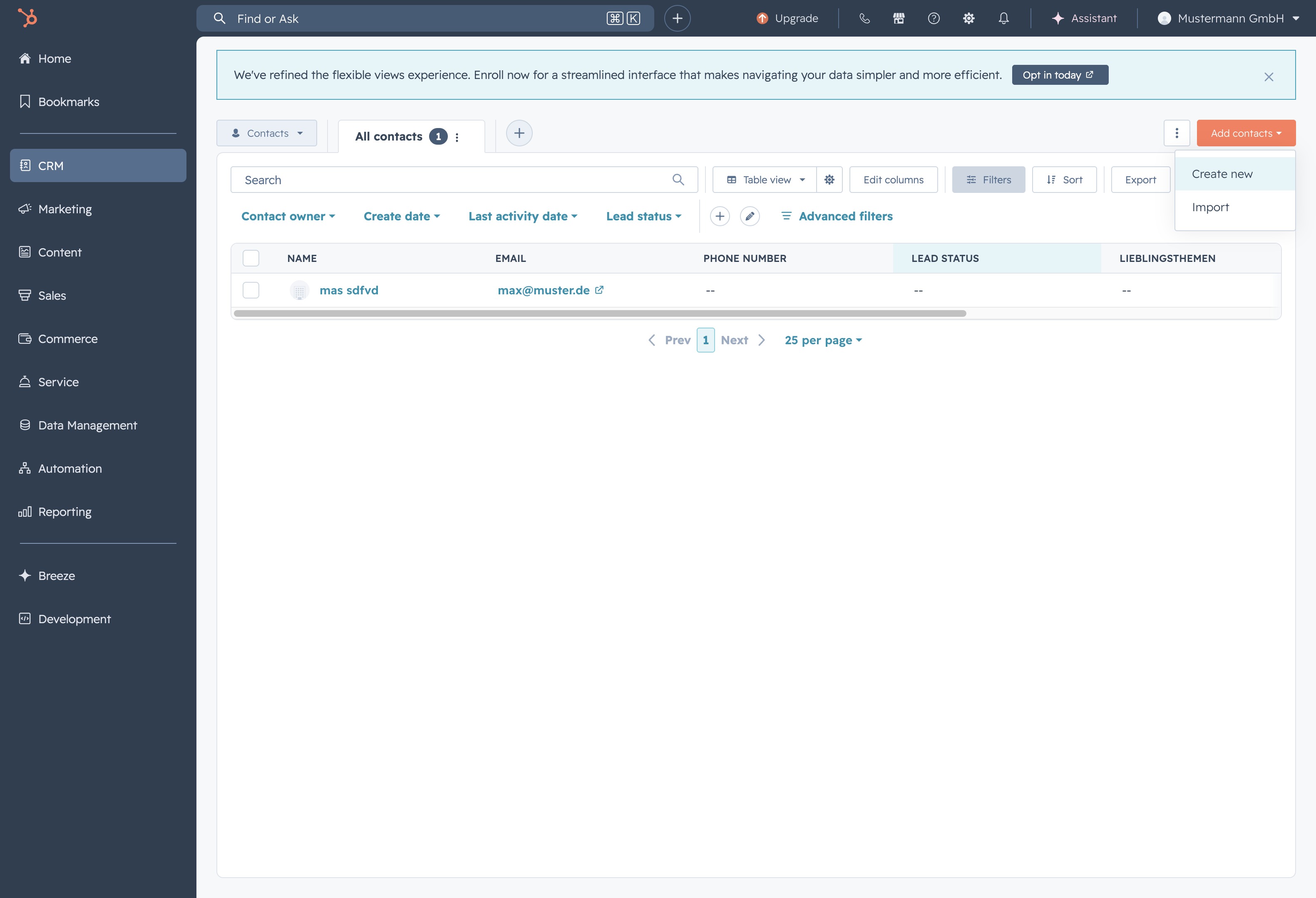 Click the Create new button