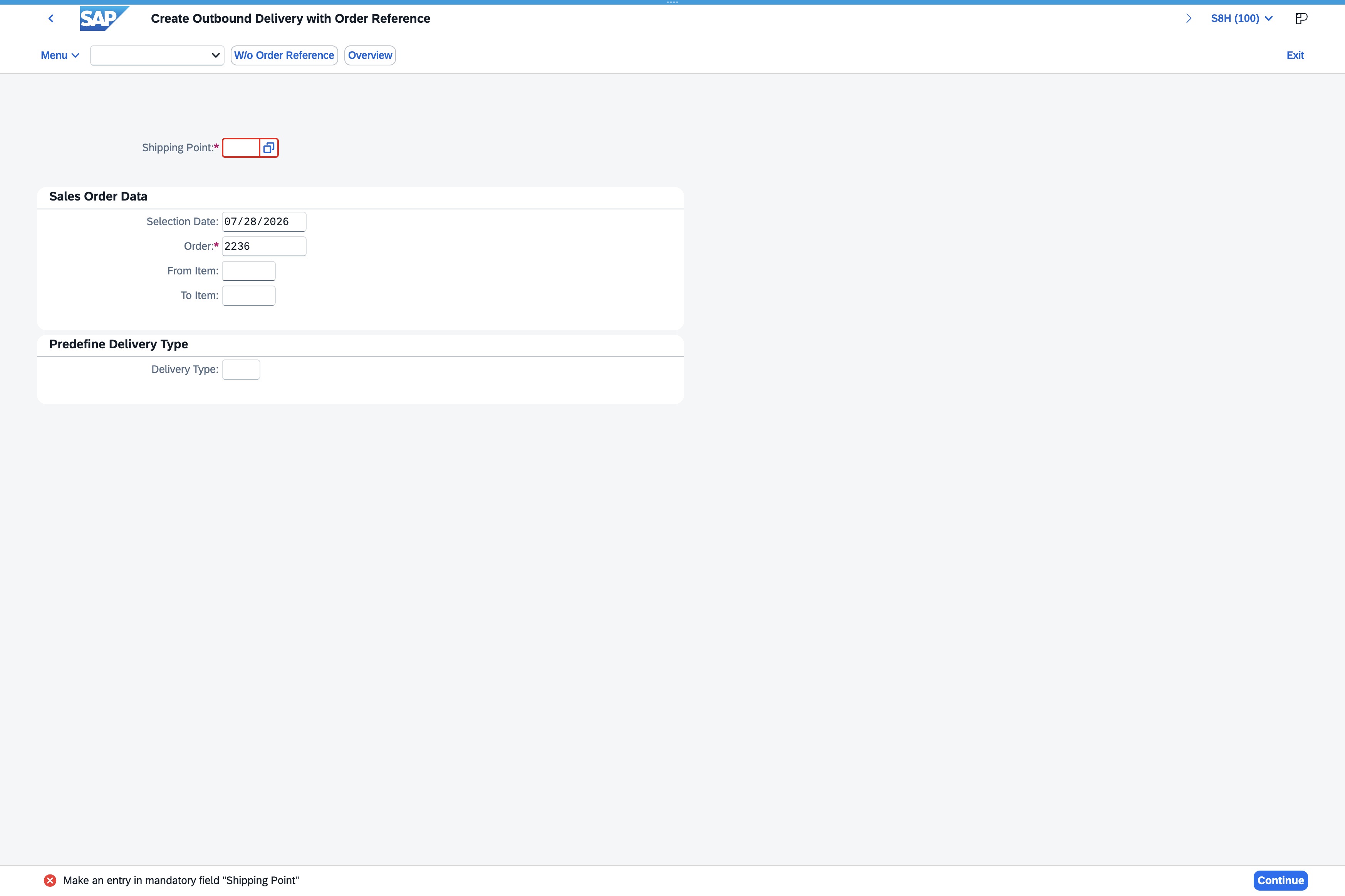 Click the Shipping Point / Receiving Point field