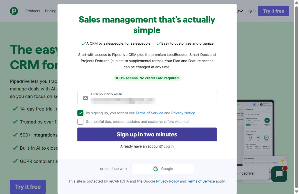 Click Sign up in two minutes