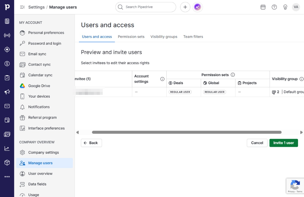 Click Invite 1 user