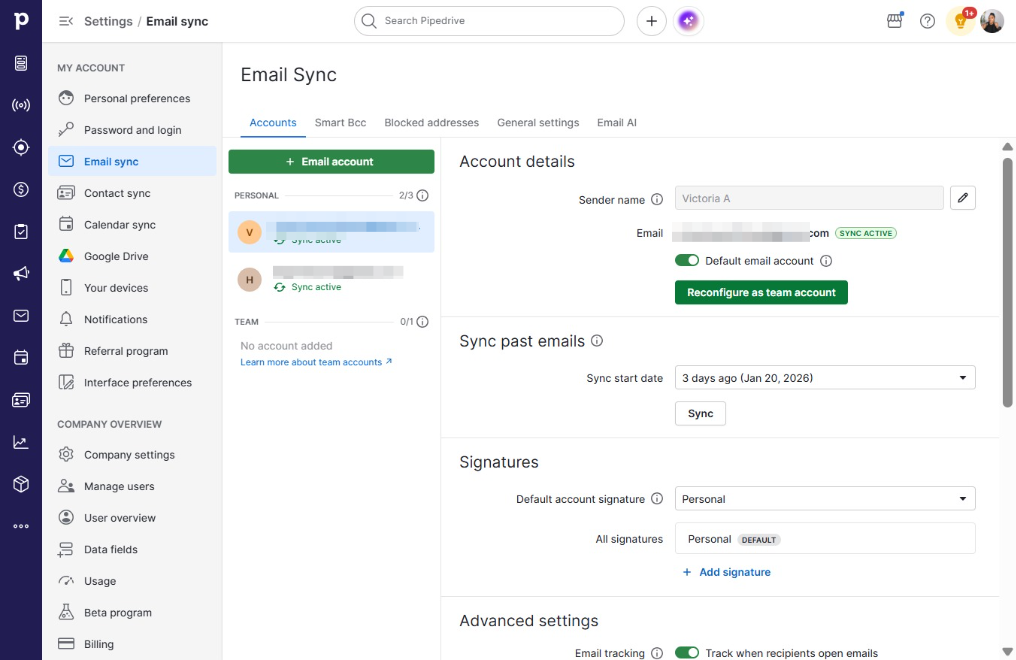 Click Reconfigure as team account