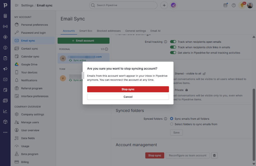 Click Stop sync