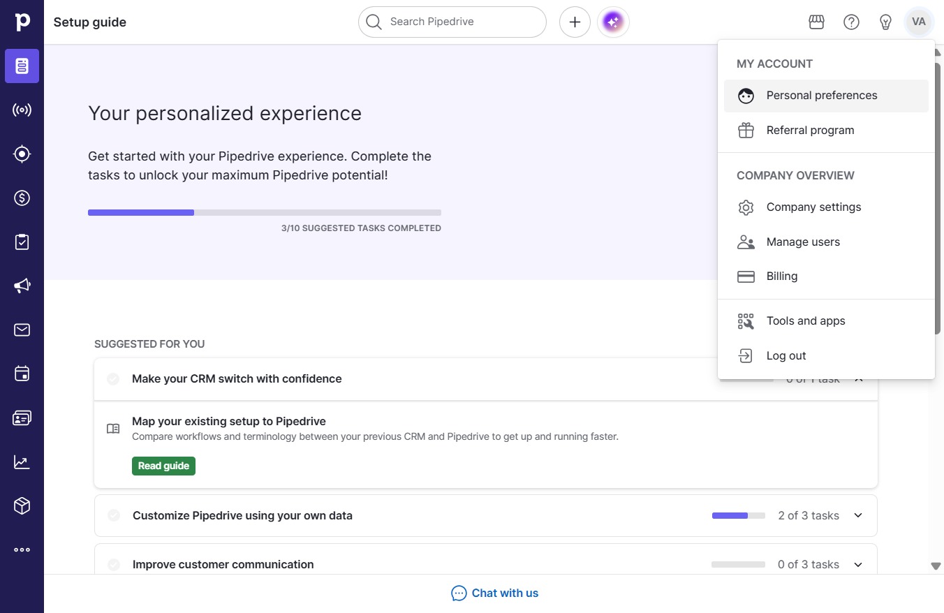 Click Personal preferences