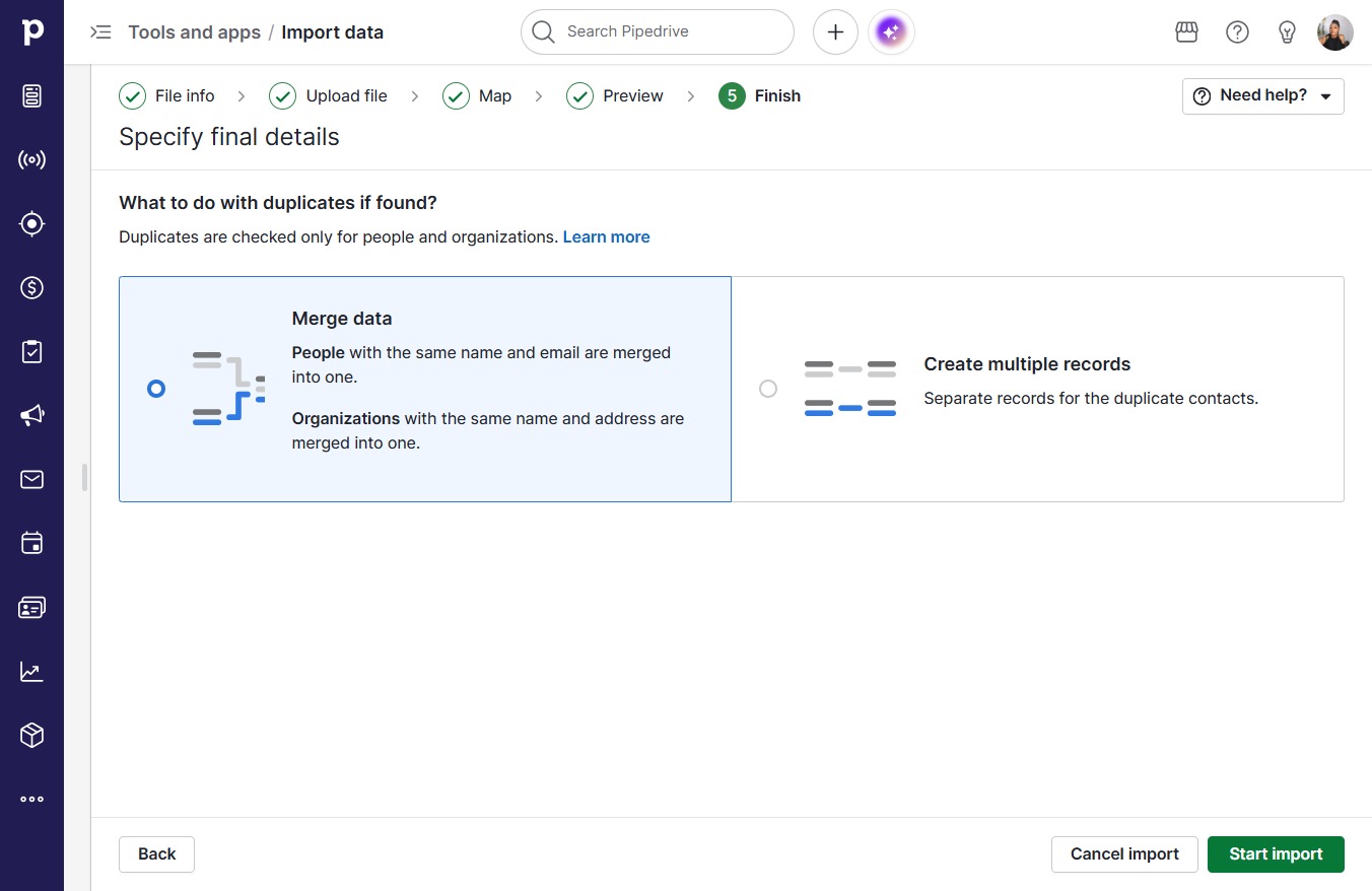 Click Start import