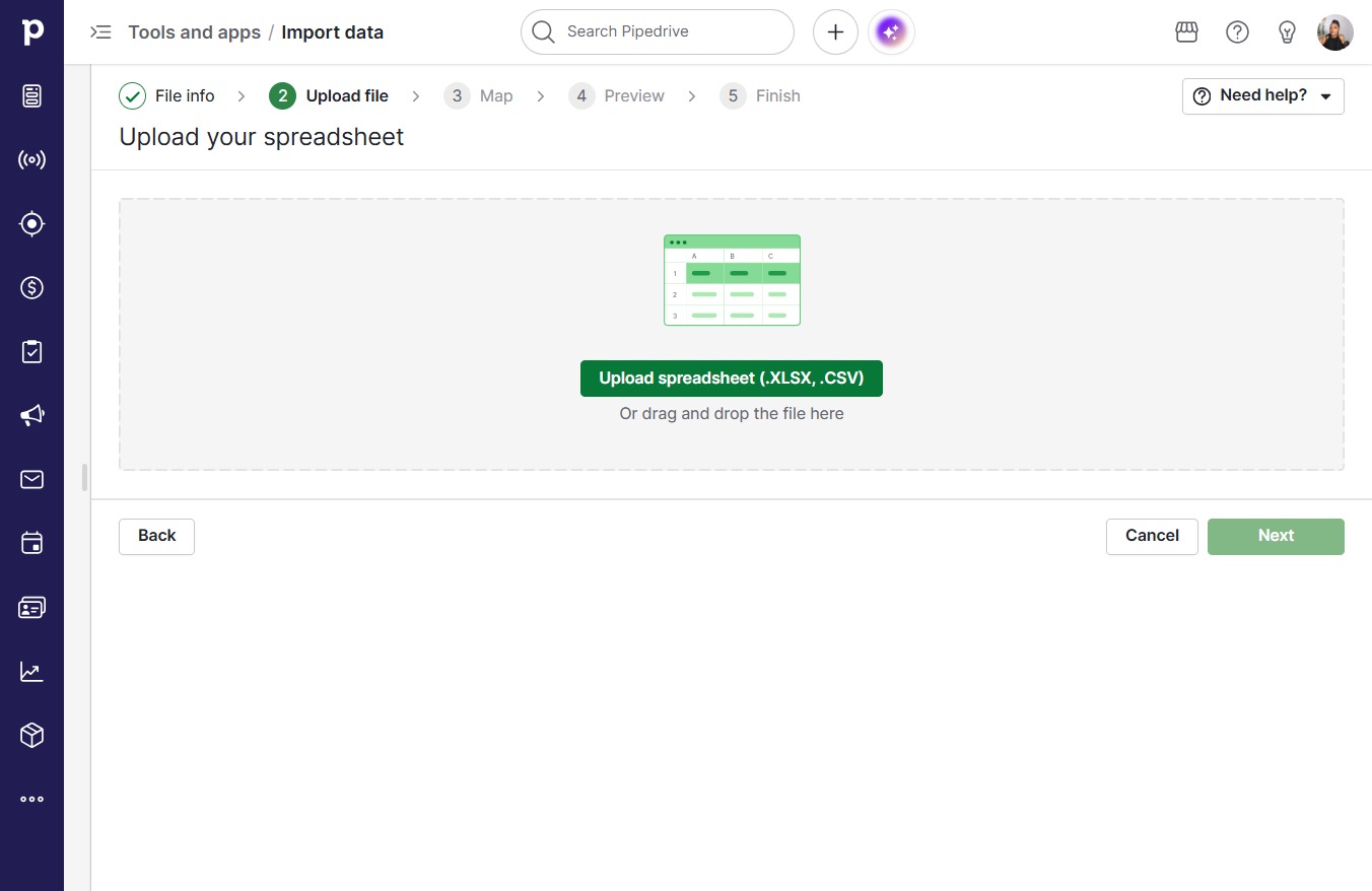 Click Upload spreadsheet (.XLSX, .CSV)