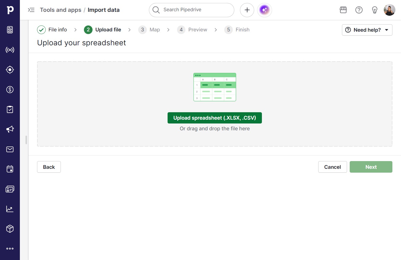 Click Upload spreadsheet (.XLSX, .CSV)