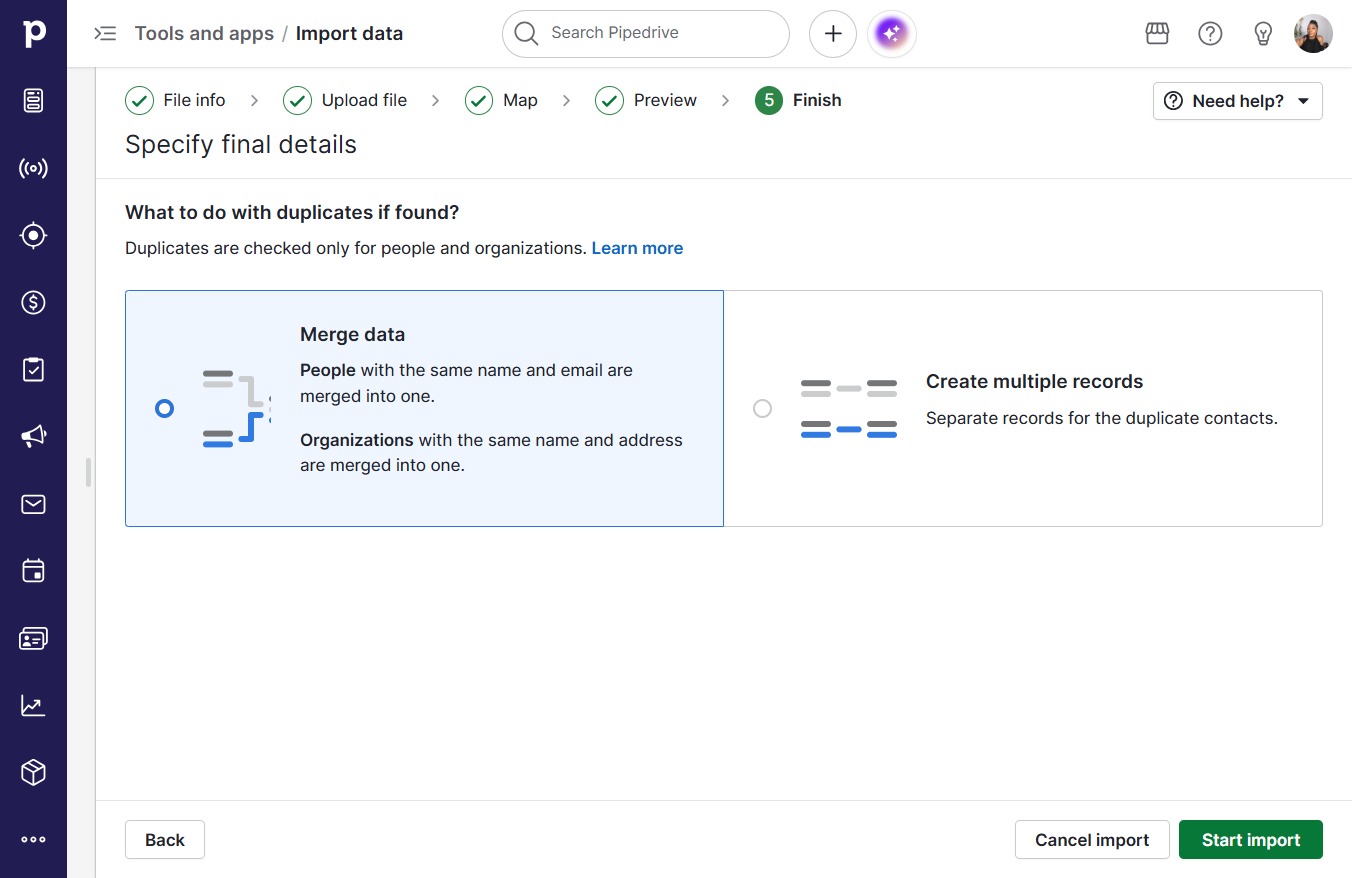 Click Start import