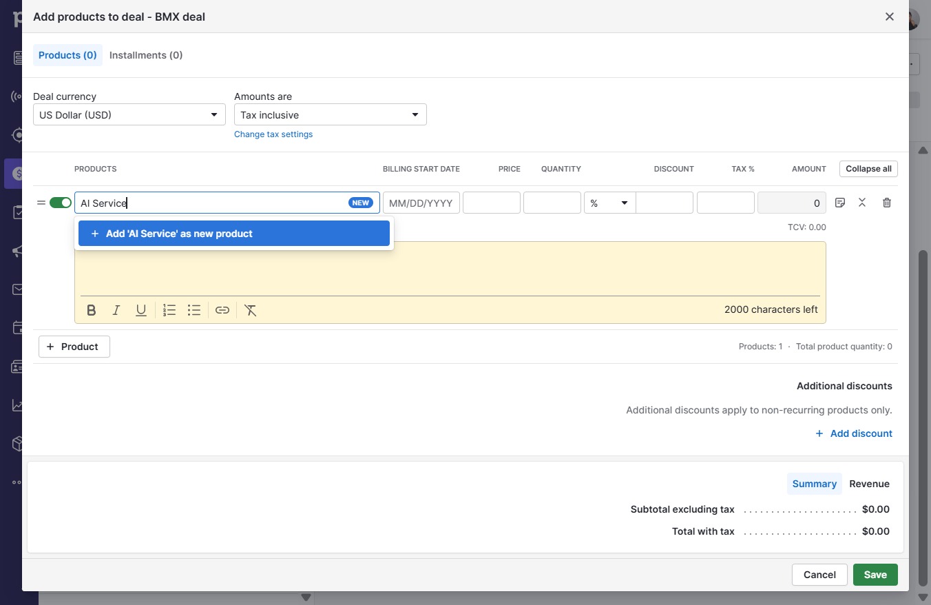 Click Add 'AI Service' as new product