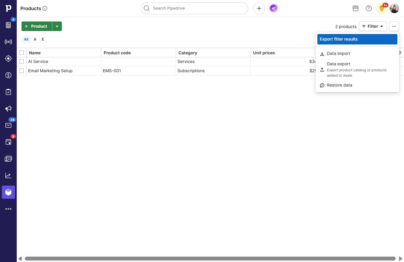 Click Export filter results