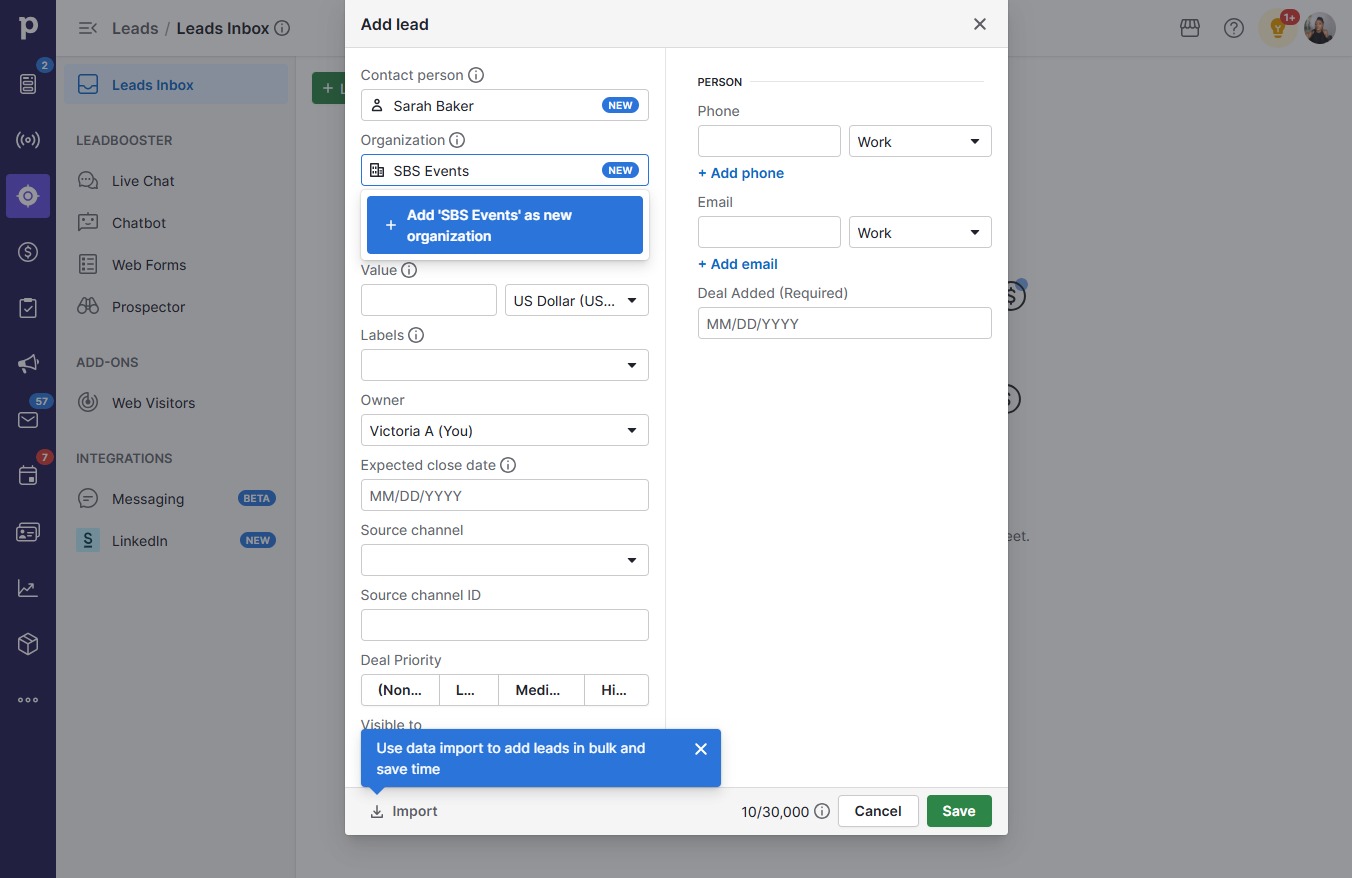 Click Add 'SBS Events' as new organization