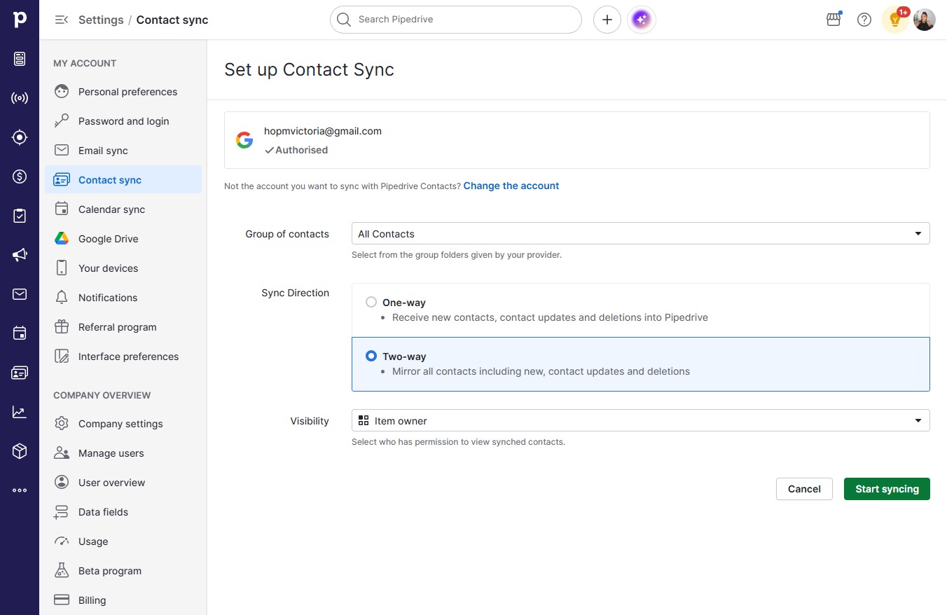 Click Start syncing