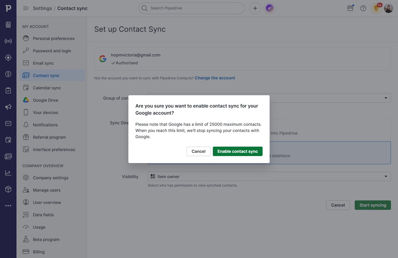 Click Enable contact sync