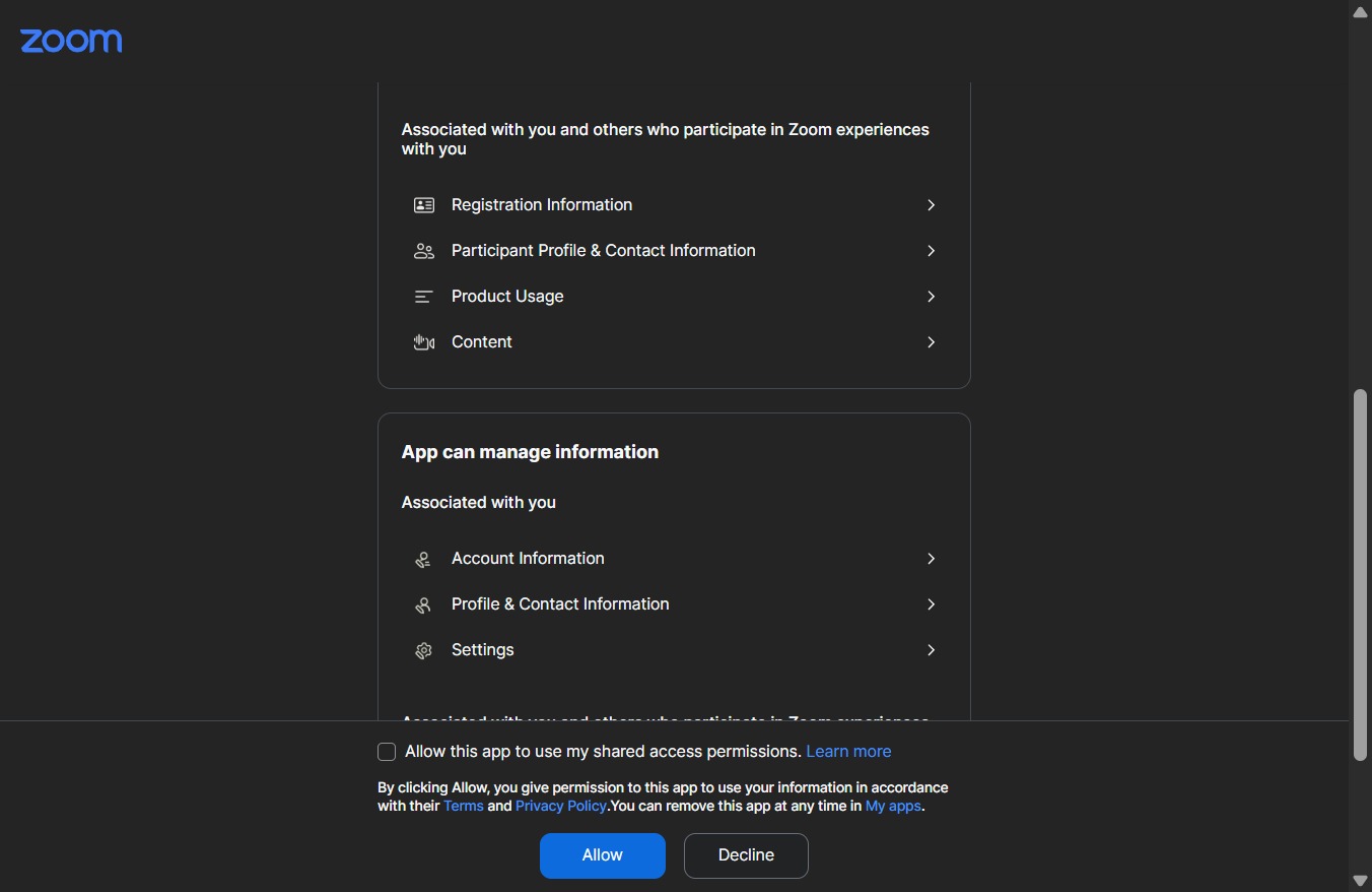 Click Allow this app to use my shared access permissions.
