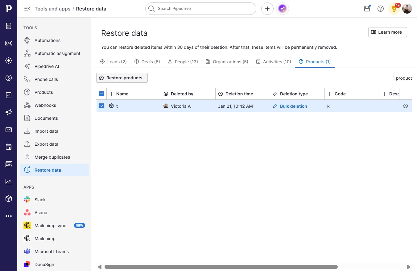 Click Restore products