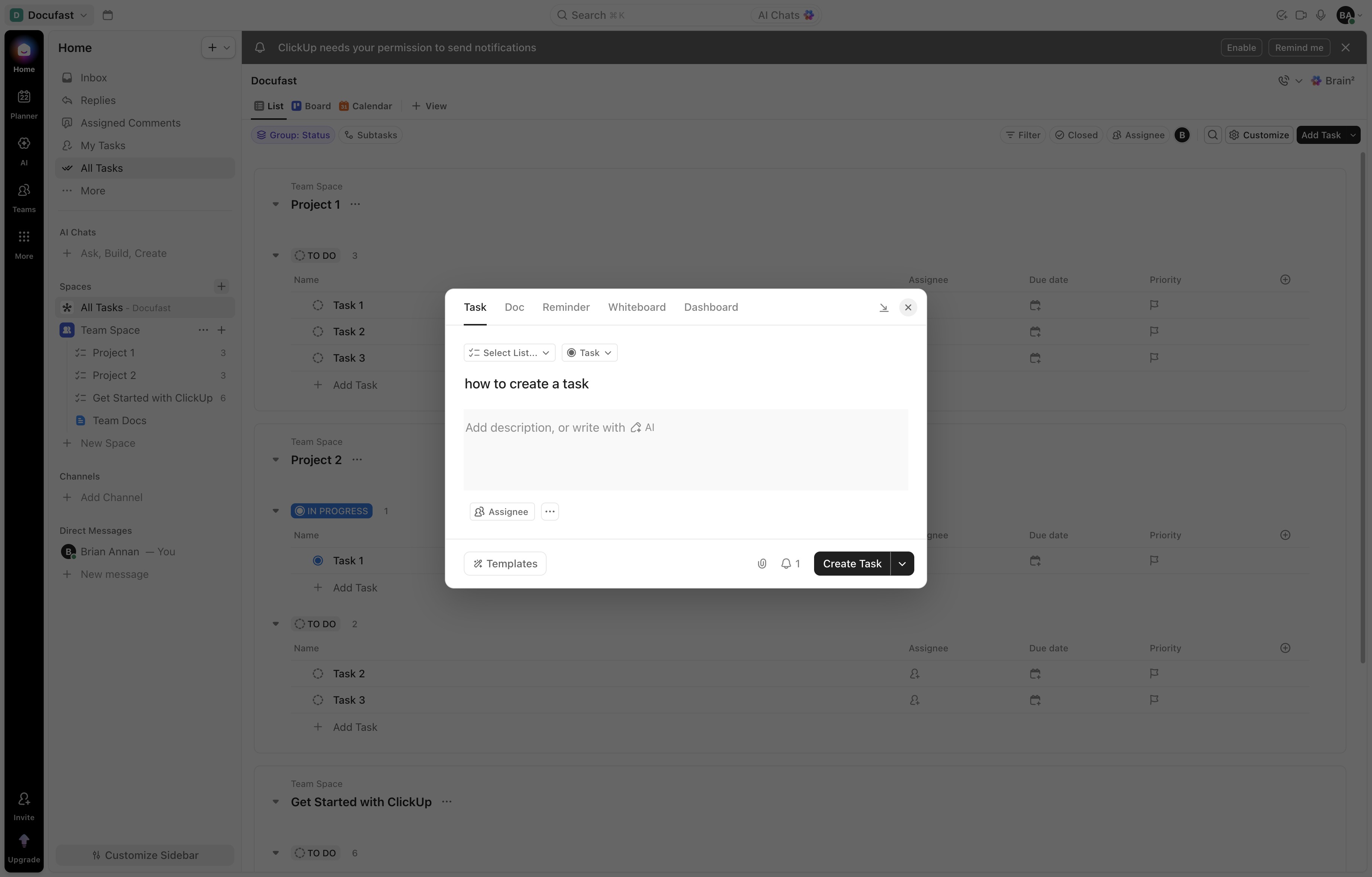 Type a task name in the text area