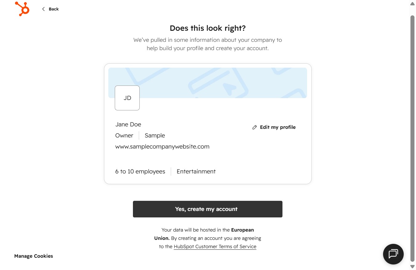 Click the Yes, create my account button