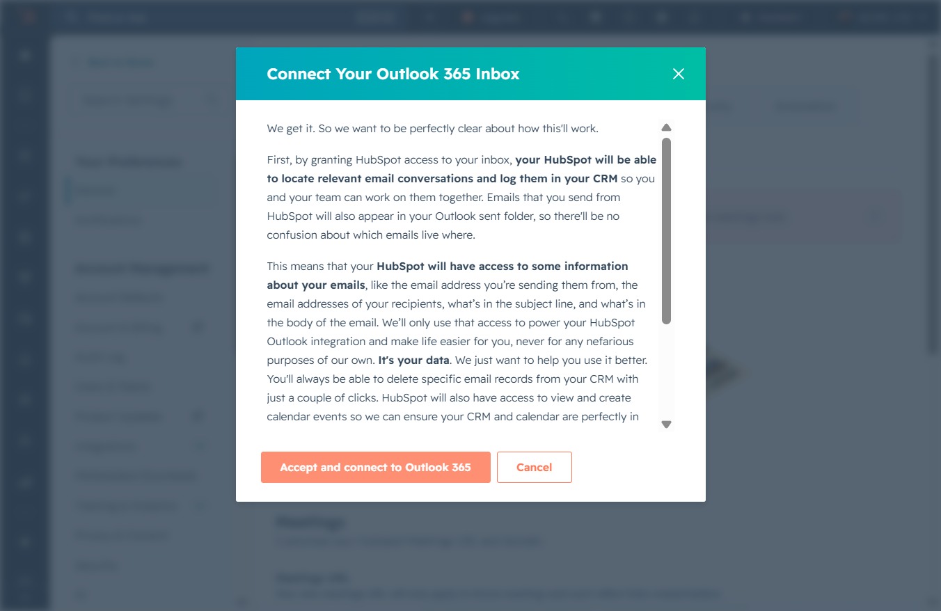 Click the Accept and connect to Outlook 365 button