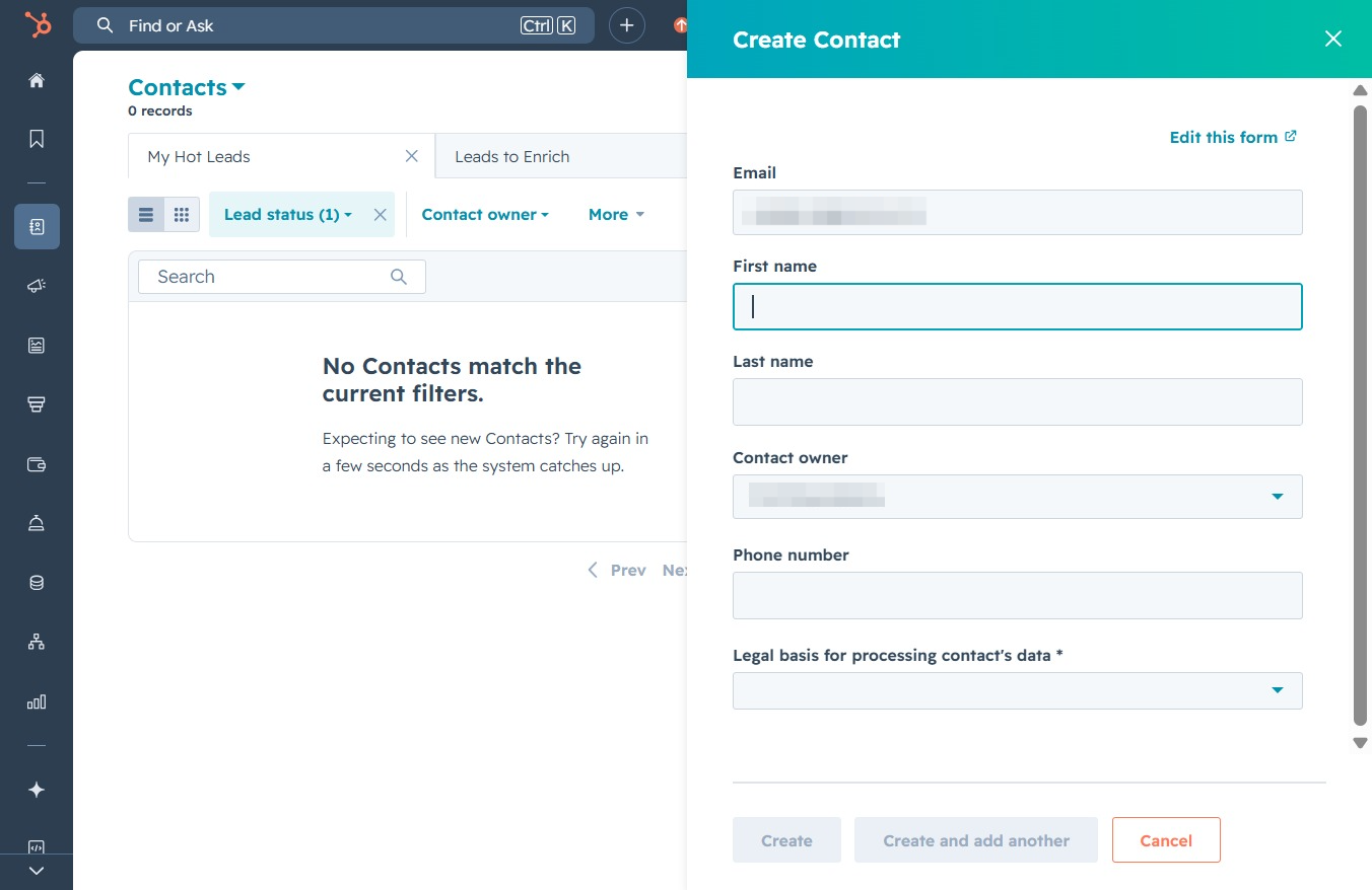 Click here to create a new contact