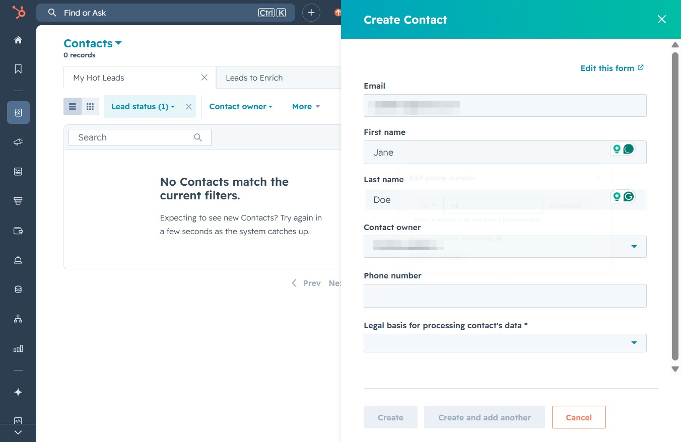 Click here to create a new contact