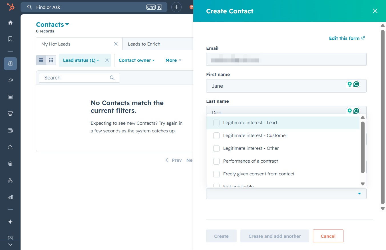 Click the Legitimate Interest - Lead option