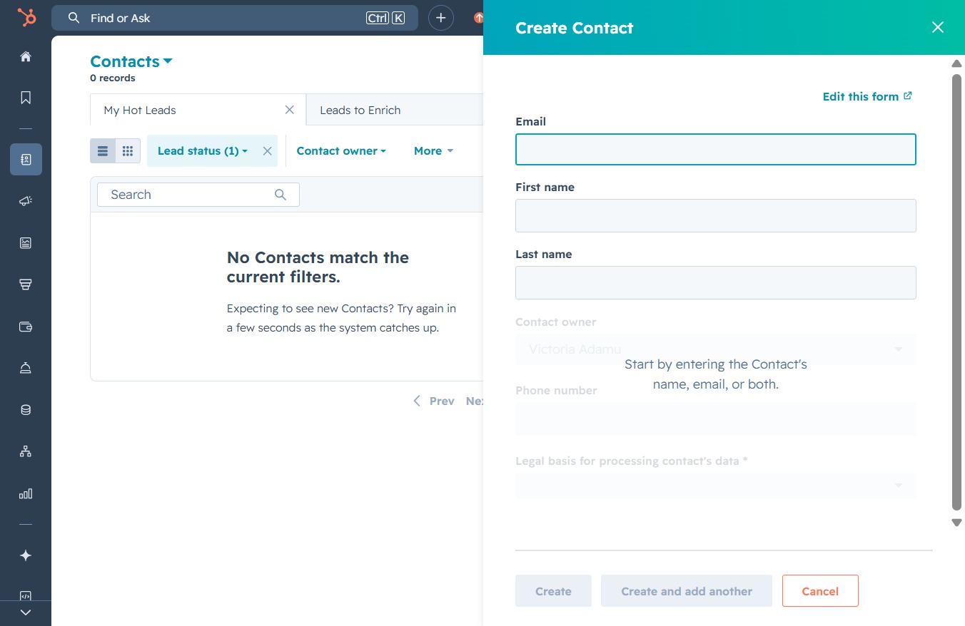 Click here to create a new contact