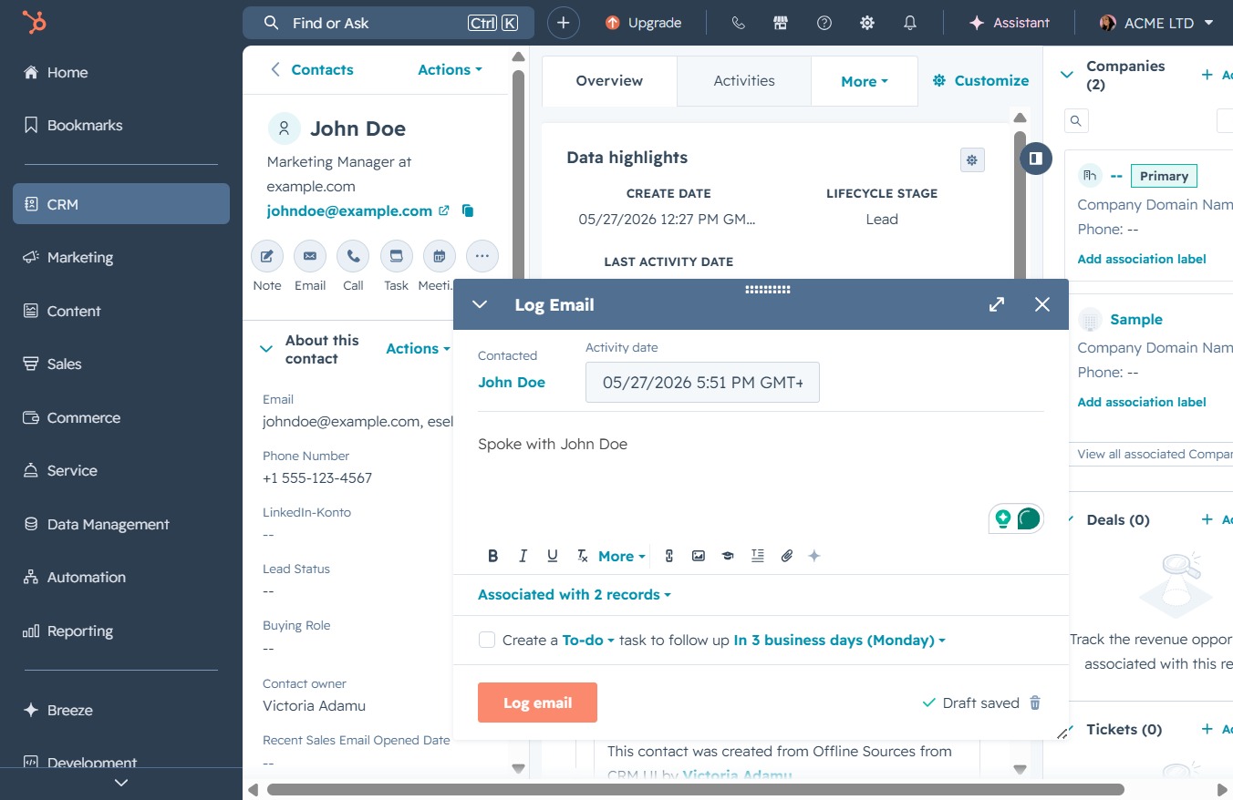 Click the Log Email button