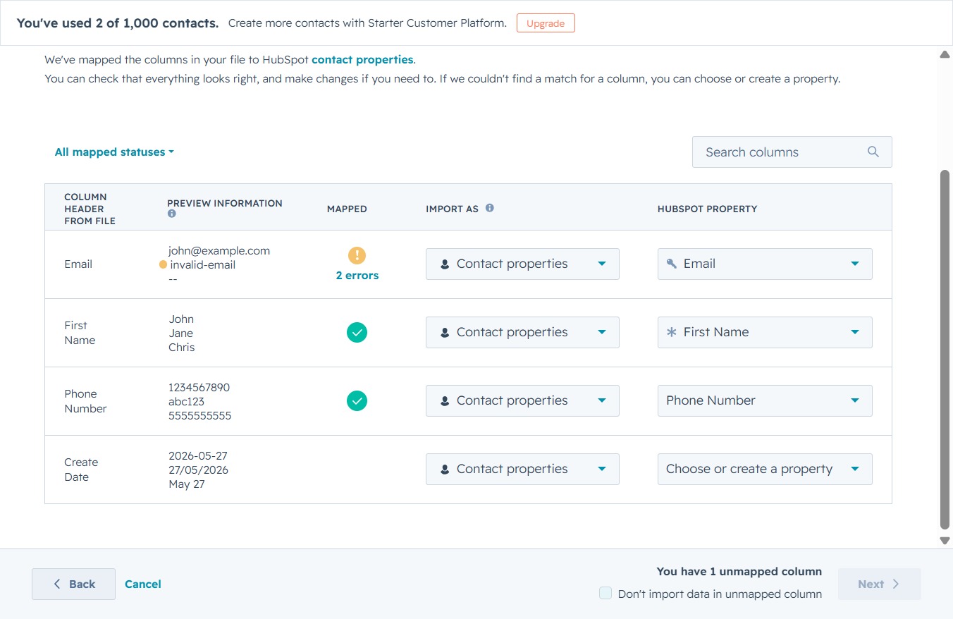 Click 'Don't import data in unmapped column'
