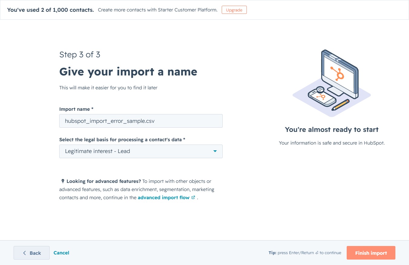 Click the Finish import button
