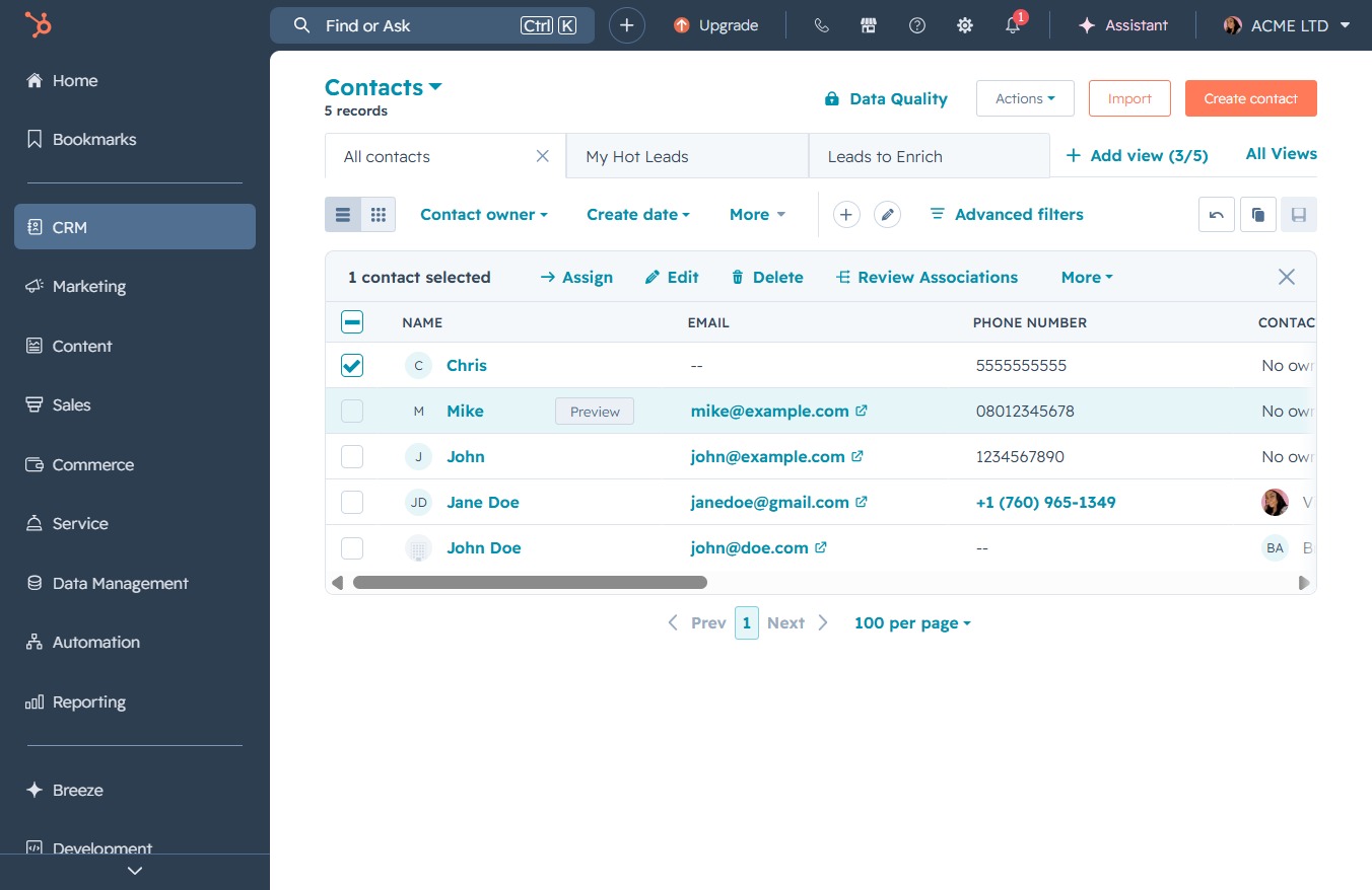 Click here to manage contacts