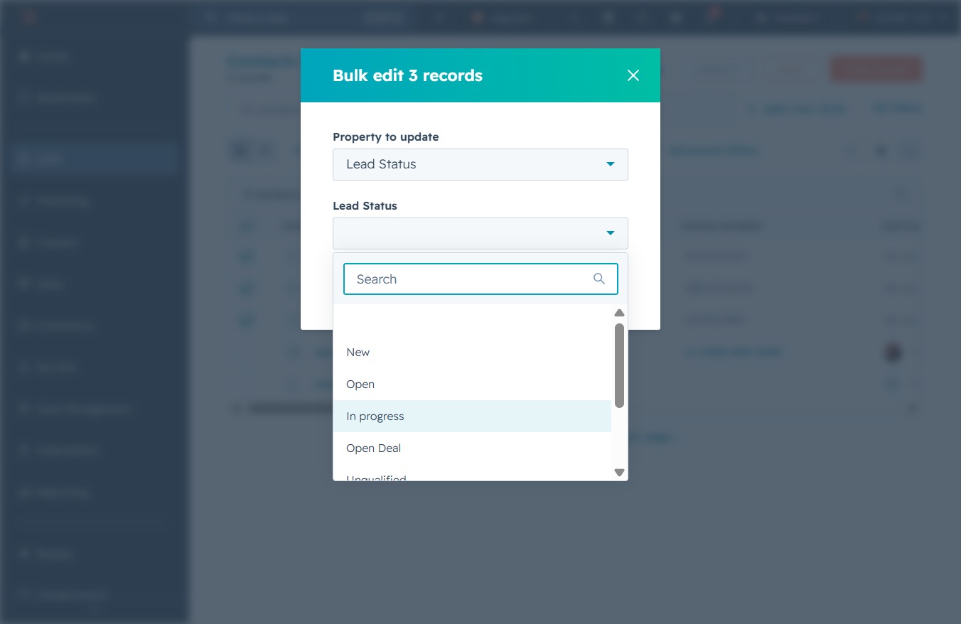 Click 'In progress' to set lead status