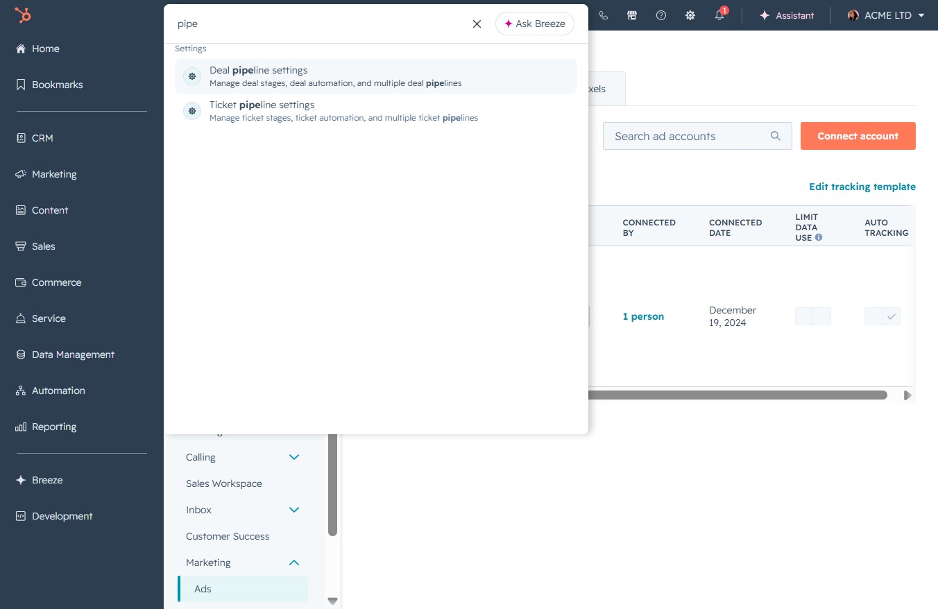 Click the Deal pipeline settings option