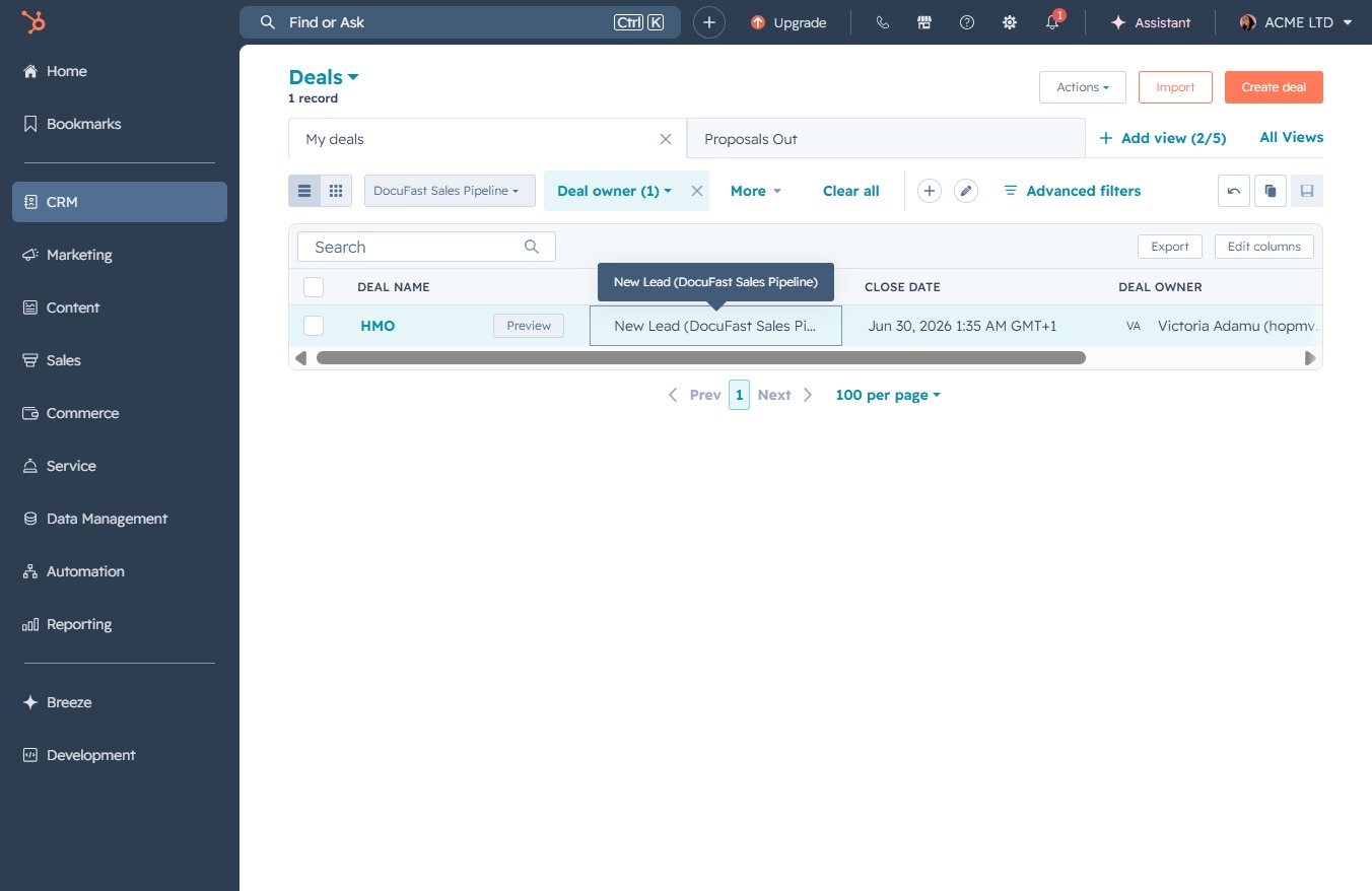 Click the New Lead (DocuFast Sales Pipeline) option