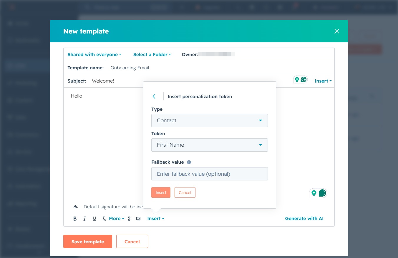 Click the Insert personalization token option