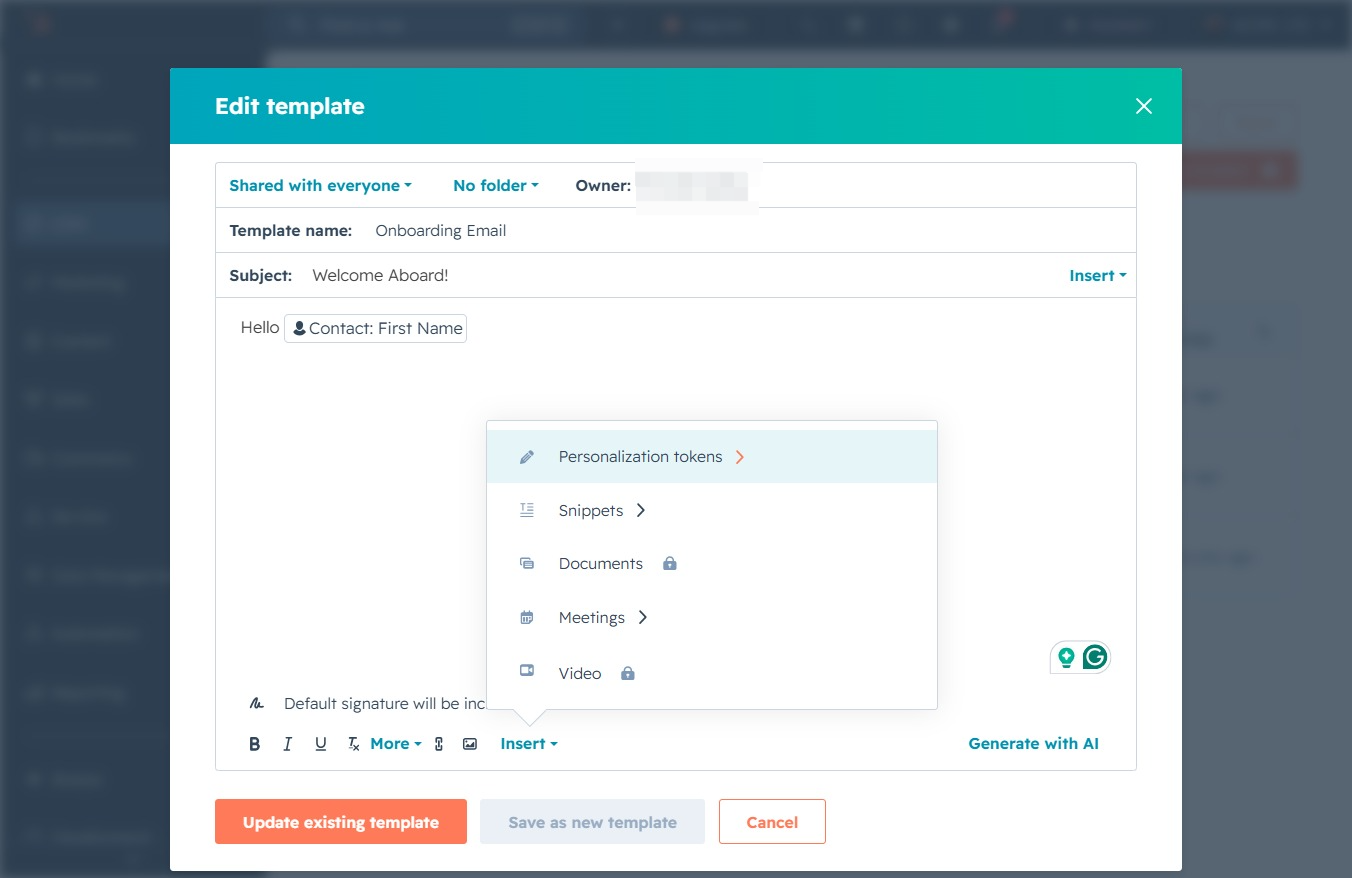 Click the Personalization tokens menu