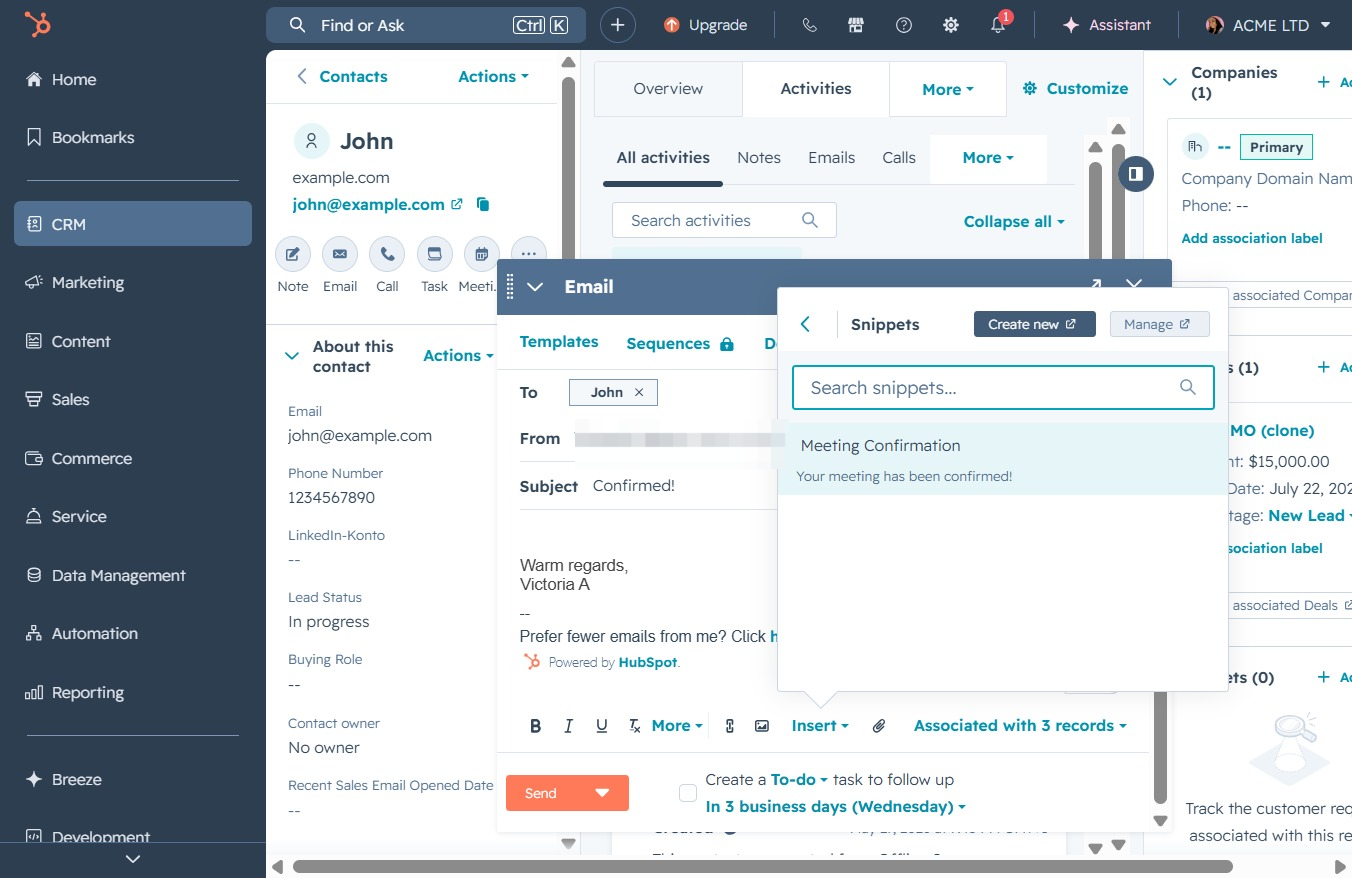 Click the Meeting Confirmation snippet