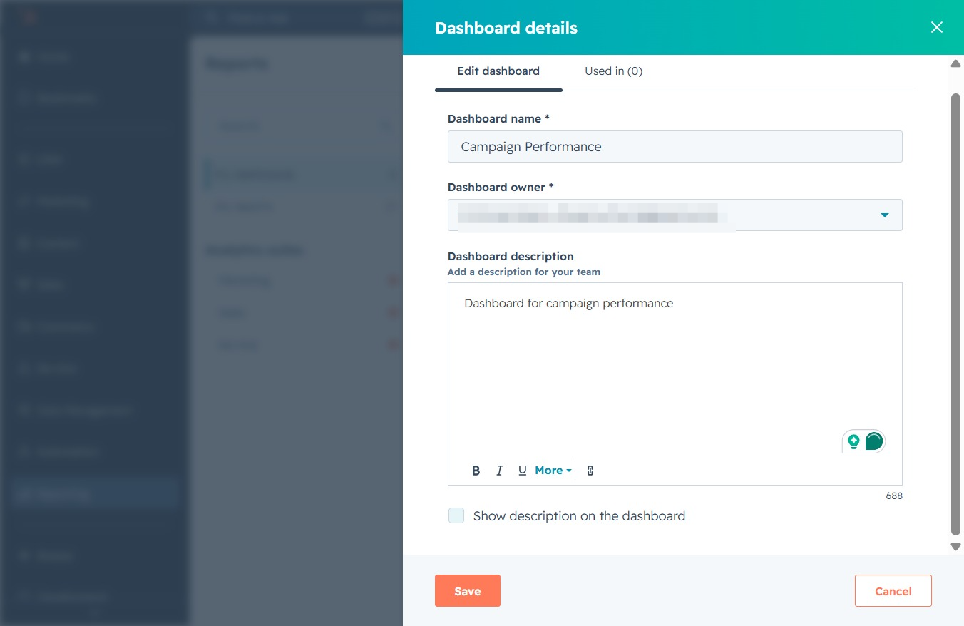 Fill in Dashboard Description field
