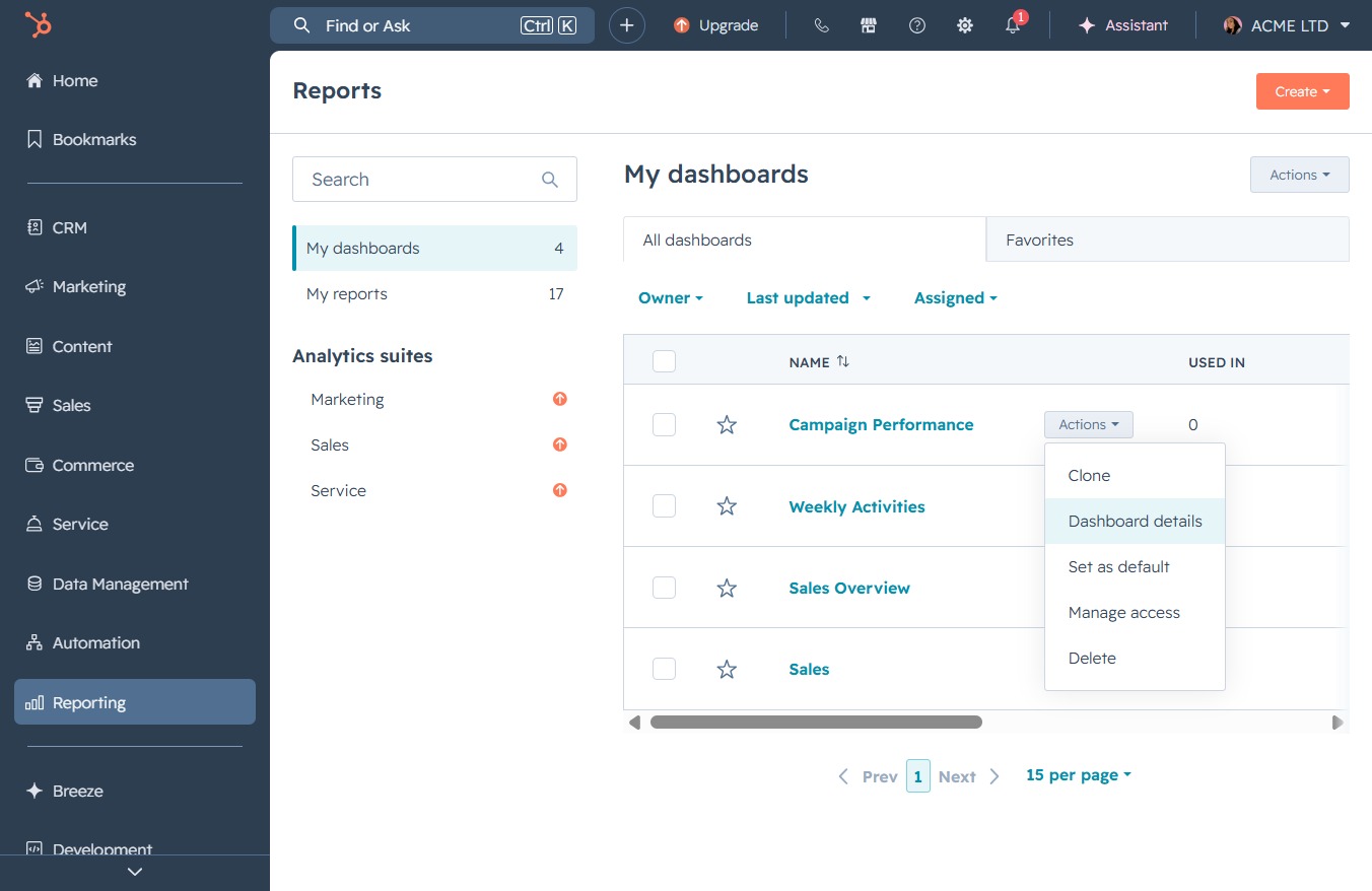 Click the Dashboard details option