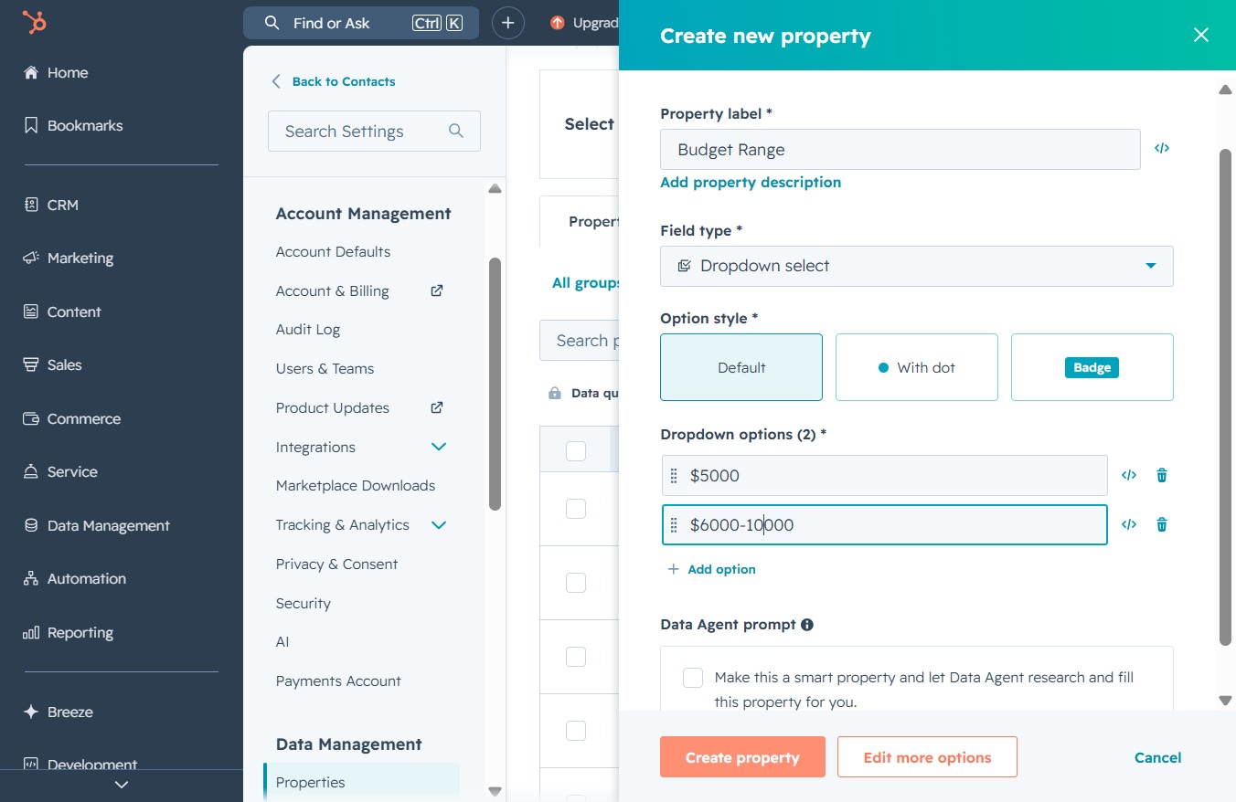 Click the Create property button