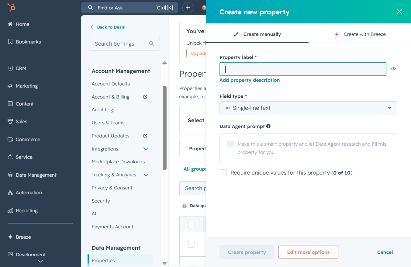 Click 'Create manually' to add a new property