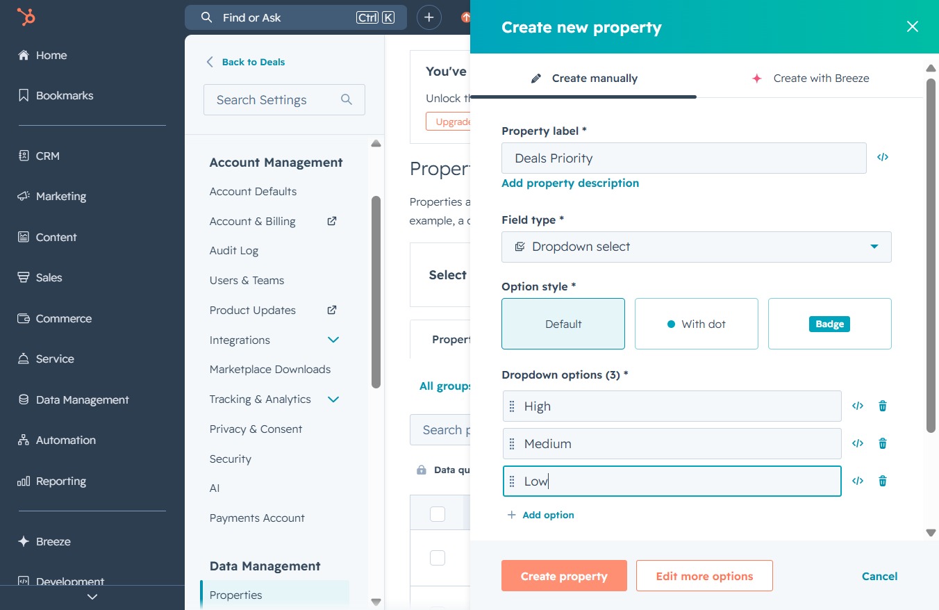 Type 'Low' in the Option Label field