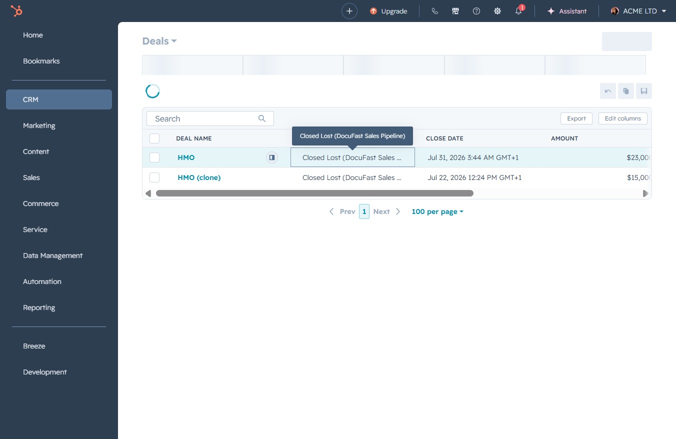 Click the Closed Lost (DocuFast Sales Pipeline) option