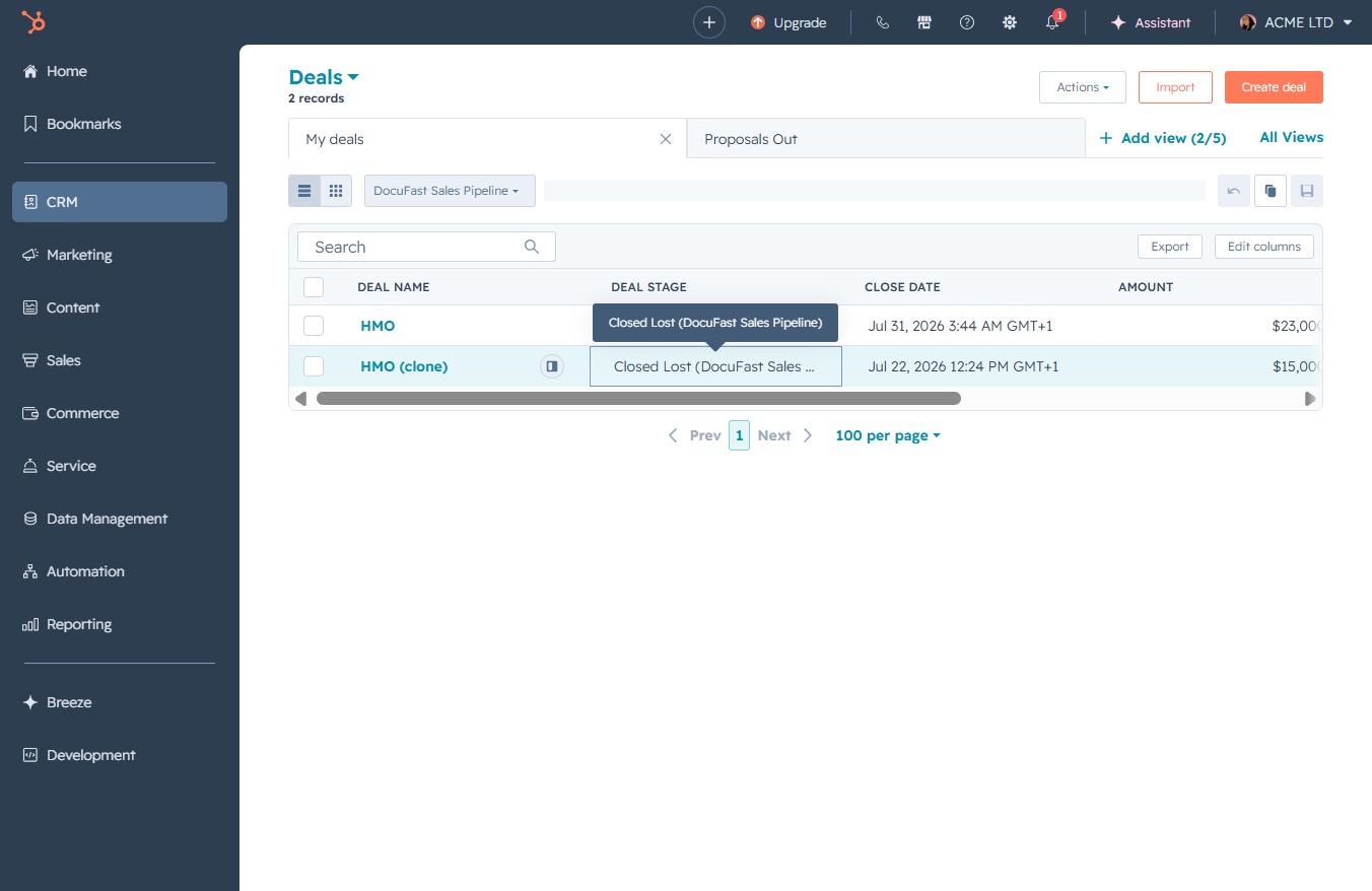 Click the Closed Lost (DocuFast Sales Pipeline) option