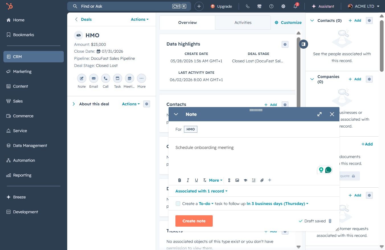 Type 'Schedule onboarding meeting' in Create a Note