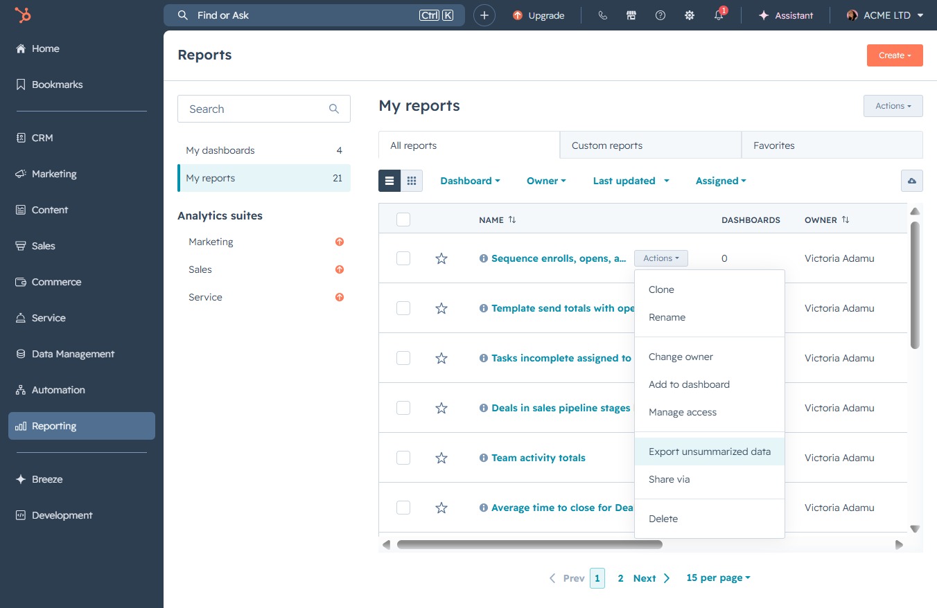 Click the Export unsummarized data option