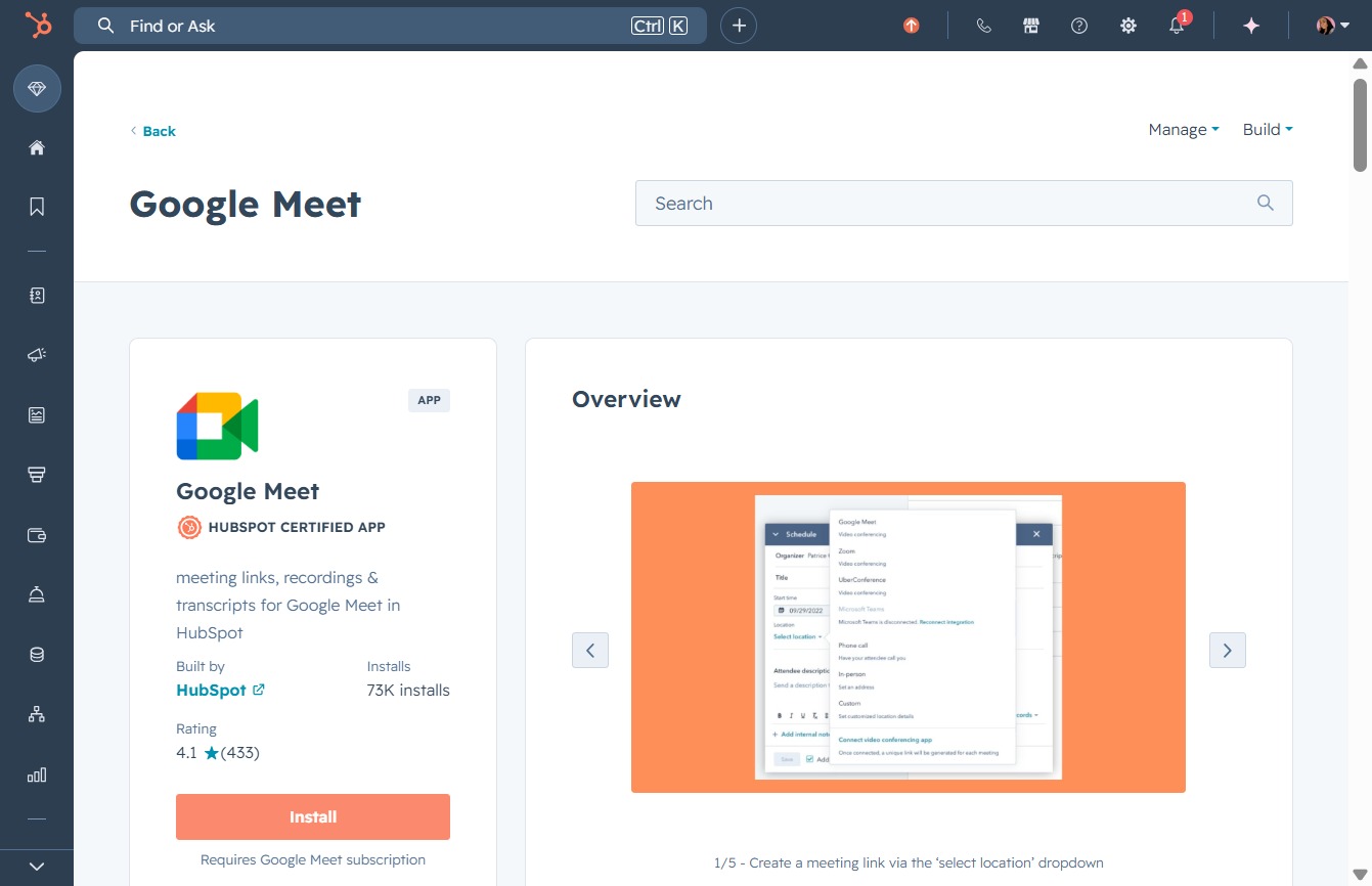 Click the Install button for Google Meet