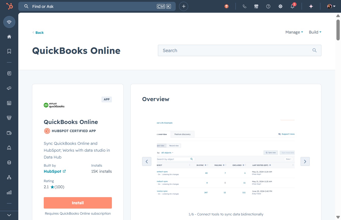 Click the Install button for QuickBooks Online