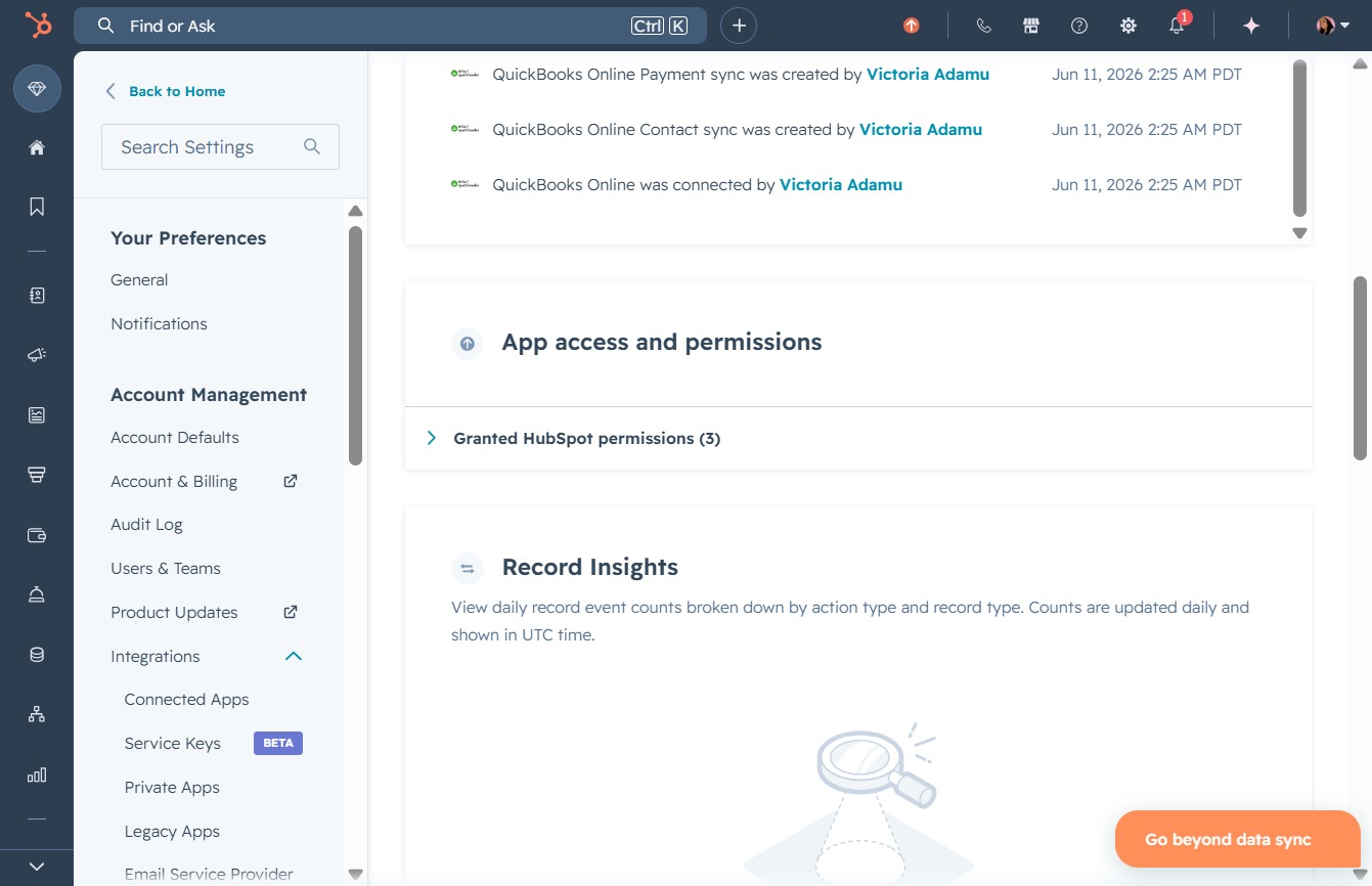 Click the Granted HubSpot permissions option
