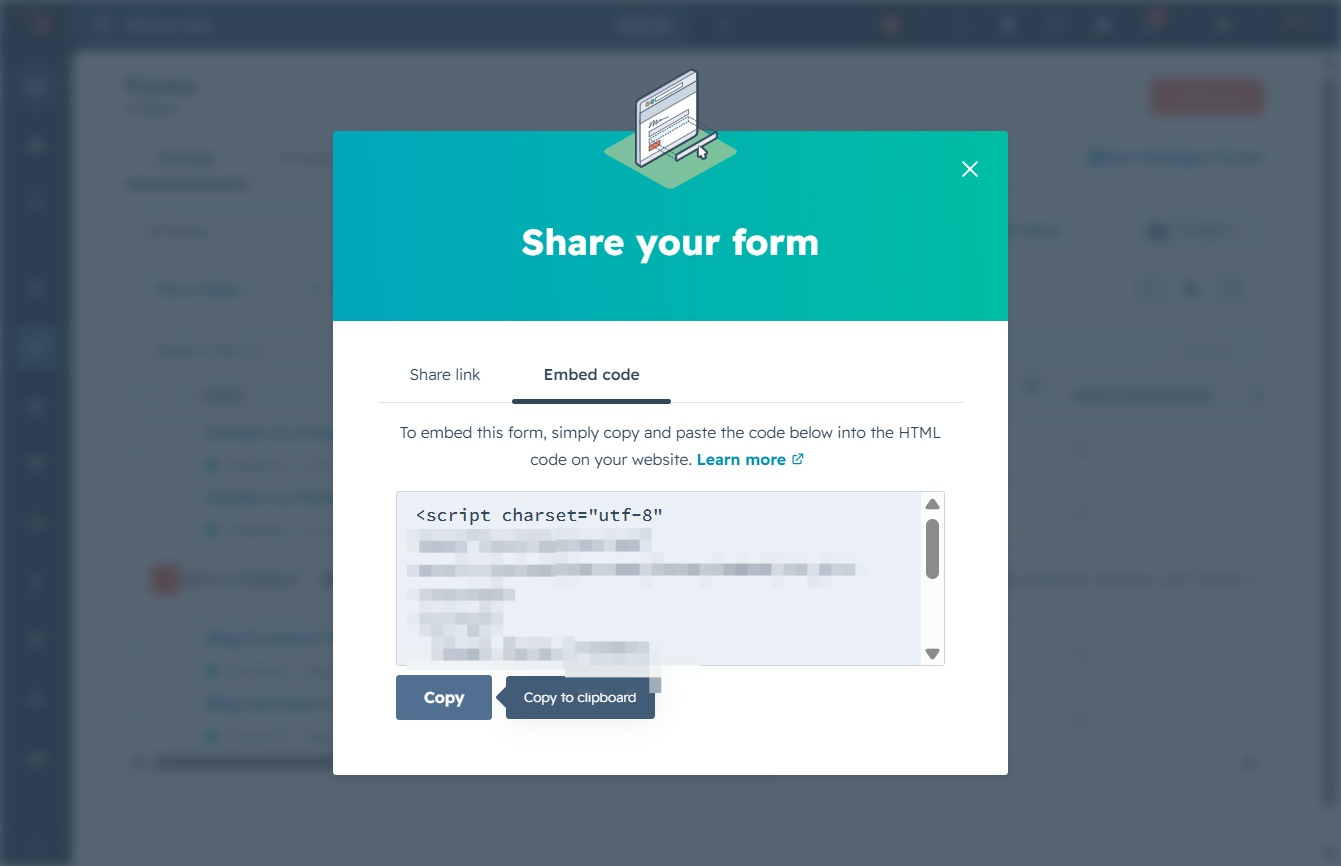 Click the Copy button to save embed code