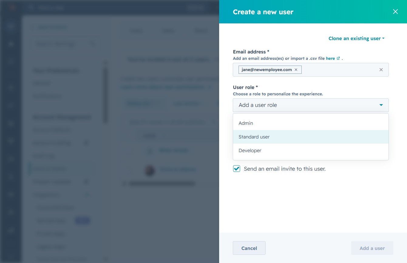 Select the Standard user role